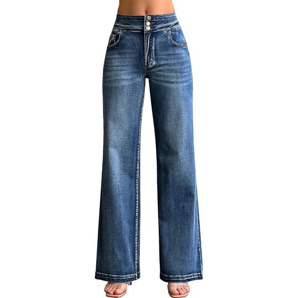 Women's Wide Leg Jeans High Waisted Stretch Baggy Denim Pants Casual - Picture 2 of 9
